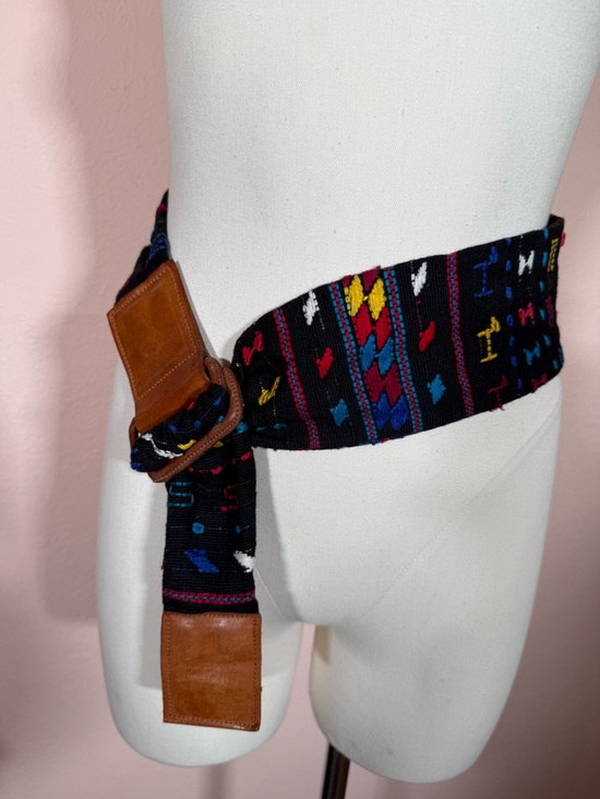Vintage southwestern woven black fabric leather boho wide belt main image 4